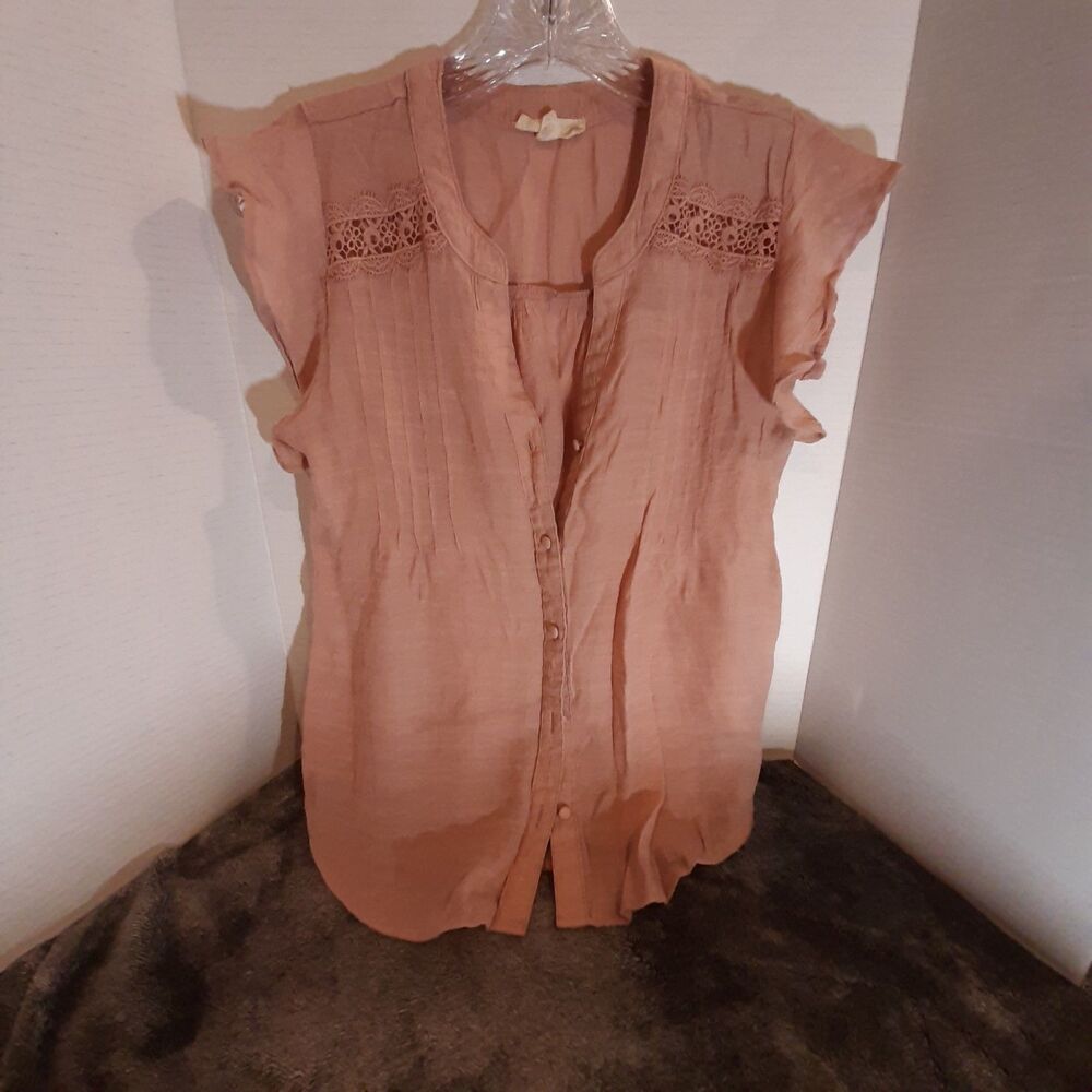 Mine Womens Size Small Peach V Neck Shirt Boho Coquette Western Eyelet Embellish